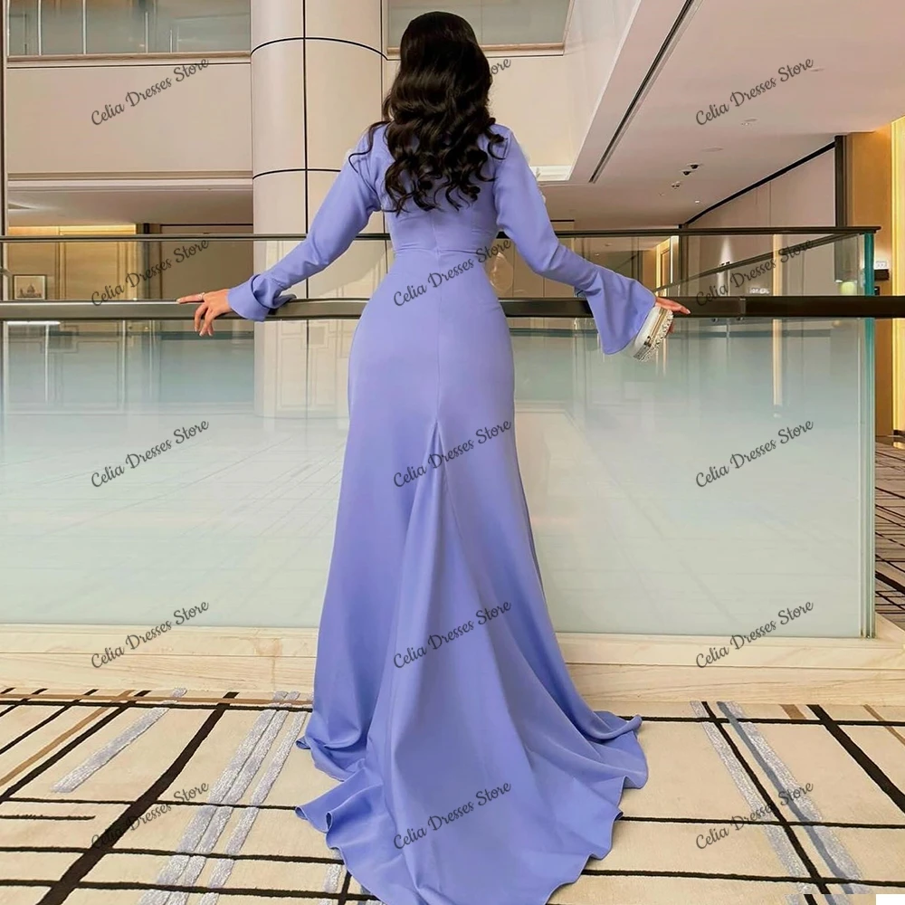 Light Purple Jersey Formal Evening Dress Saudi Arabia Elegant Square Collar Prom Gowns with Long Sleeves and 3D Flowers Custom