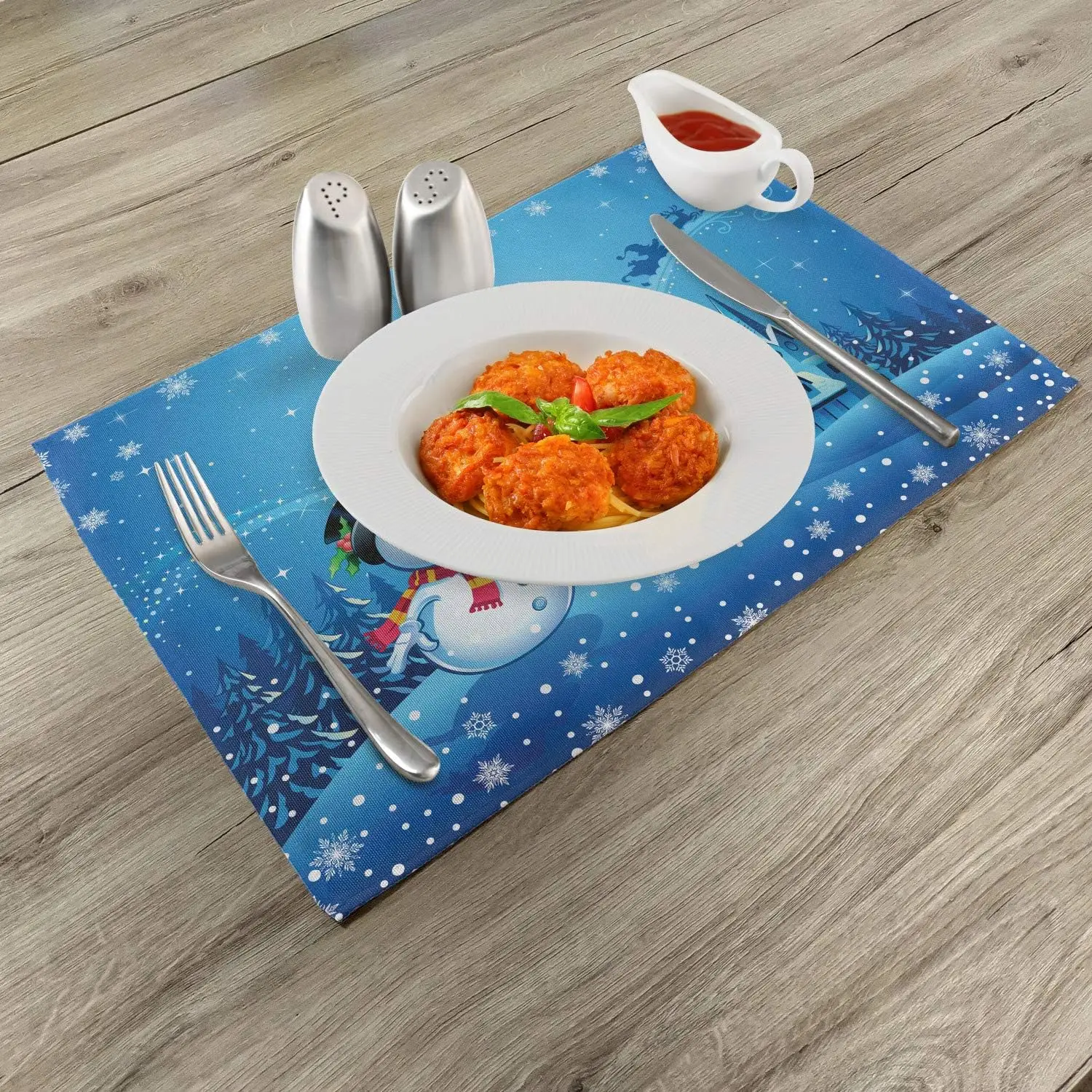 Christmas Place Mats Set of 4 Snowman Gets The Gift from Santa Claus in Winter Night Moonlight Illustration Washable Fabric