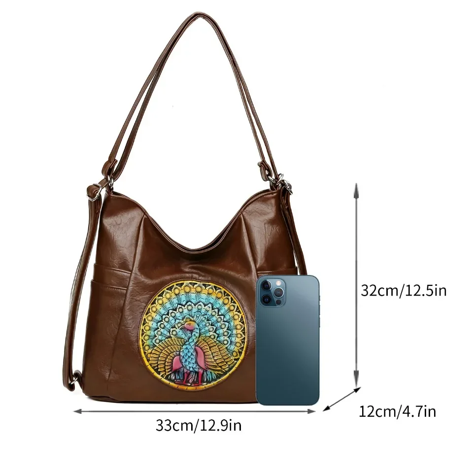 Mochila de viaje de pavo real de cuero PU Retro de alta calidad, bolsos de hombro antirrobo de gran capacidad a la moda para mujer, bolso informal para mujer