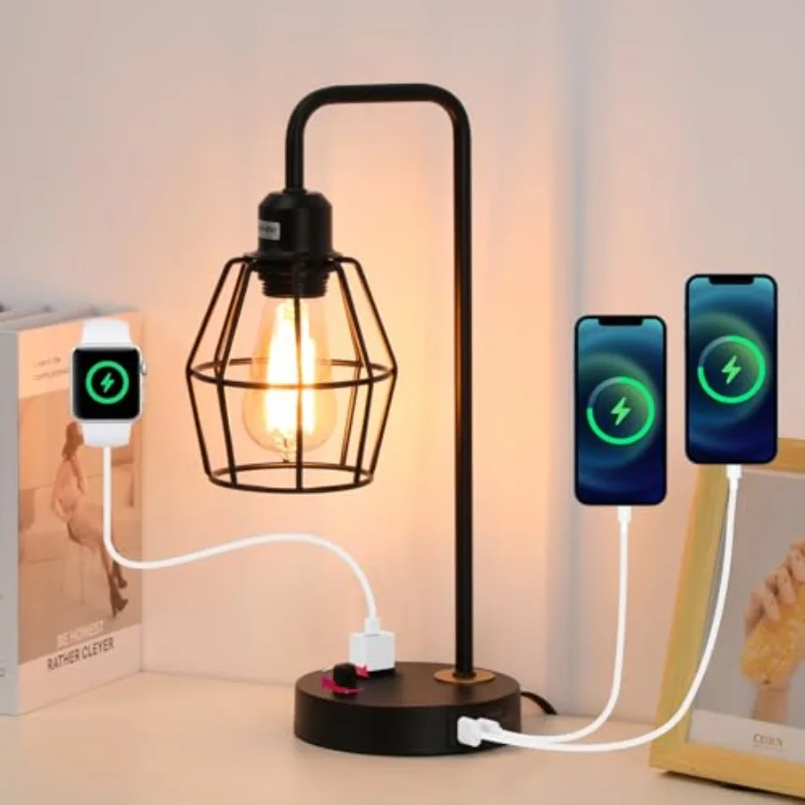 

Industrial Dimmable Table Lamps, Modern Black Bedside Lamp with USB A+C AC Outlet Charging Ports, Farmhouse Lamp with Metal Cag