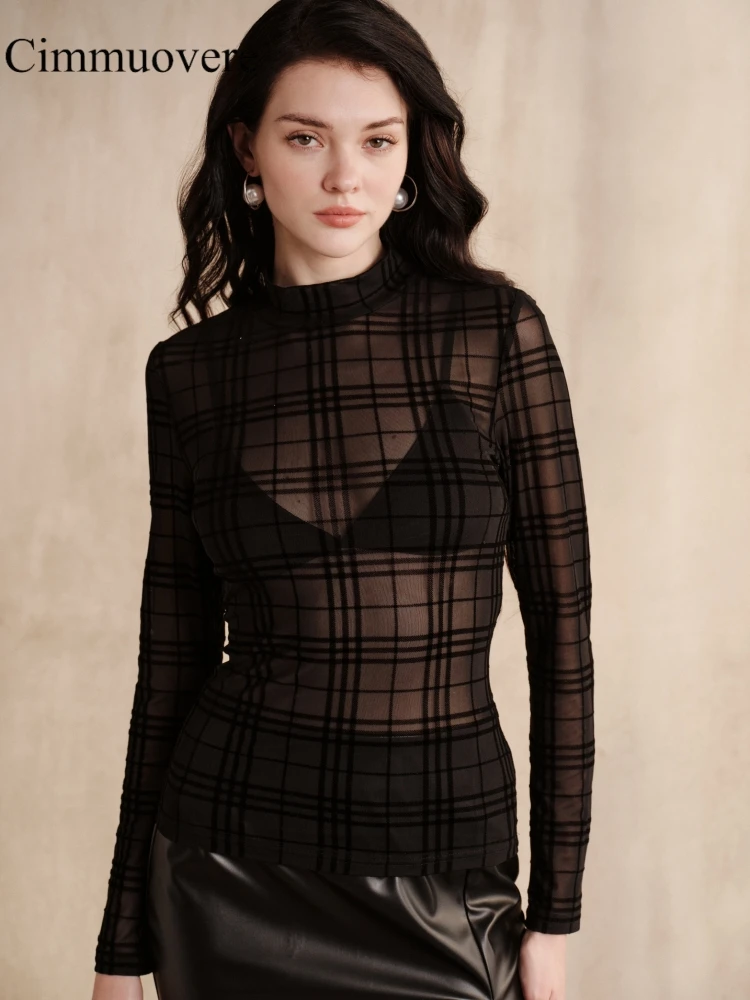 Cimmuovere Women's Blouses and Shirts Sexy Mesh Long Sleeve Tops Slim Fit Lightweight Black Sheer Plaid Top For Party Daily Wear