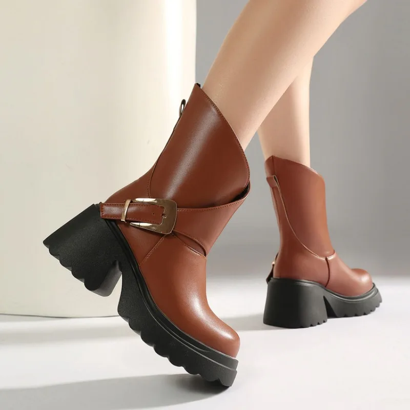Brown Women Mid Calf Boots Round Toe Block Heel Platform Belt Buckle Big Size 43 44 45 Fashion Retro Botas French Boots