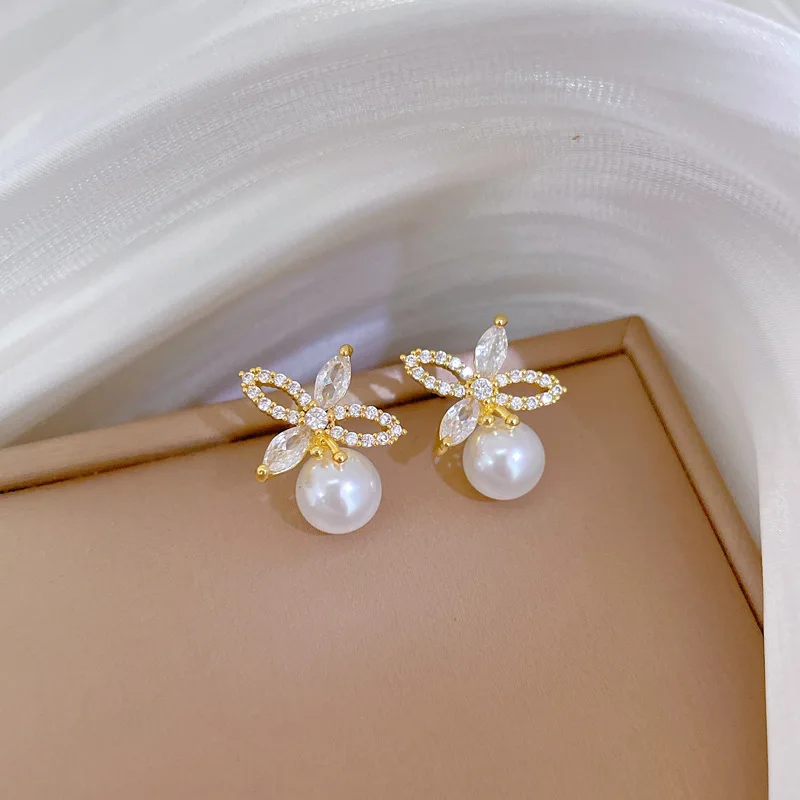 Micro-inlaid Stainless Steel Charm Flower Necklace Earrings Fashion Gorgeous Pearl Temperament Girl Accessories Set