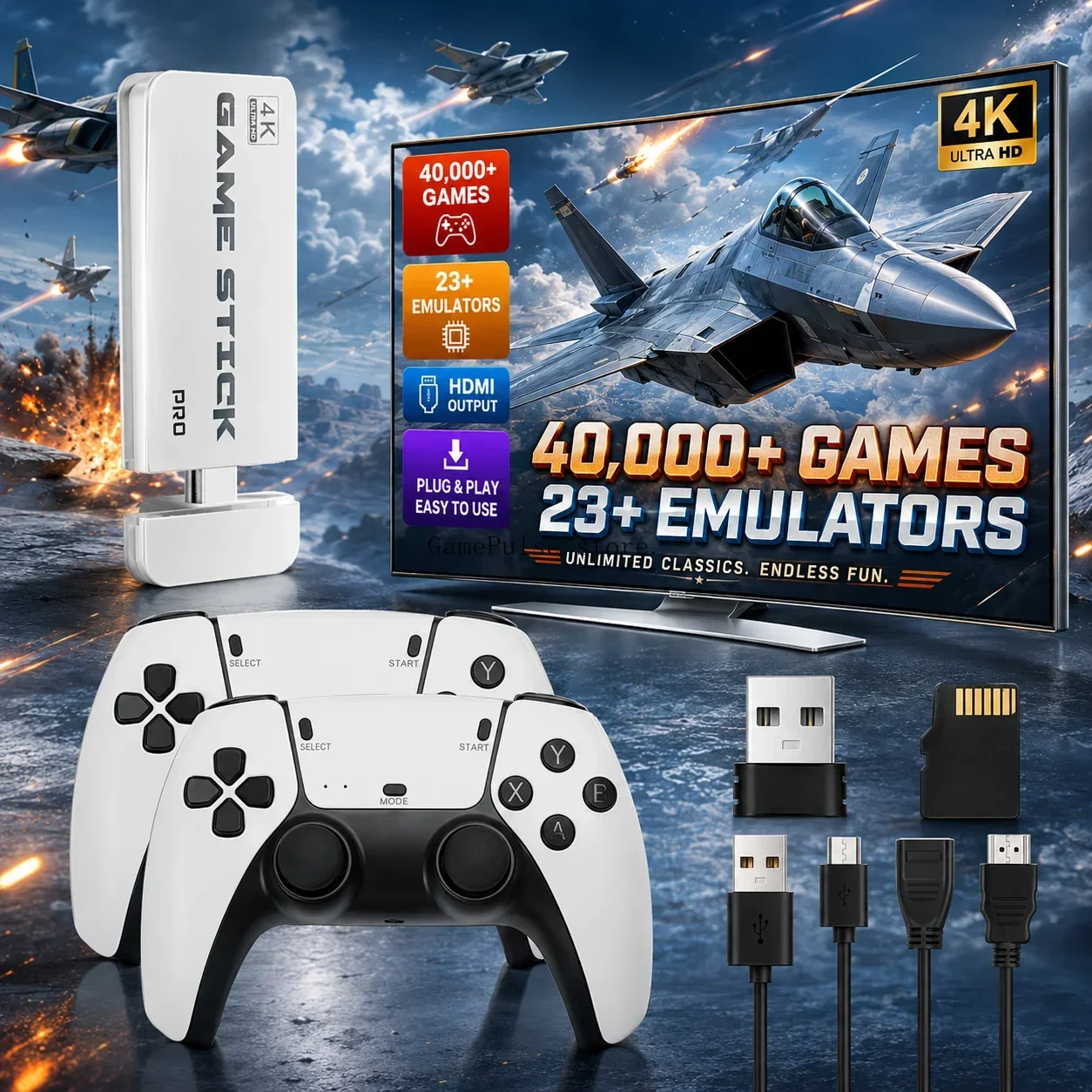 GamePulse M15 Ultra Game Stick Retro Video Game Console 40000+ Games 2.4G Wireless Controller 4K HD TV Gaming Box 20+ Emulators