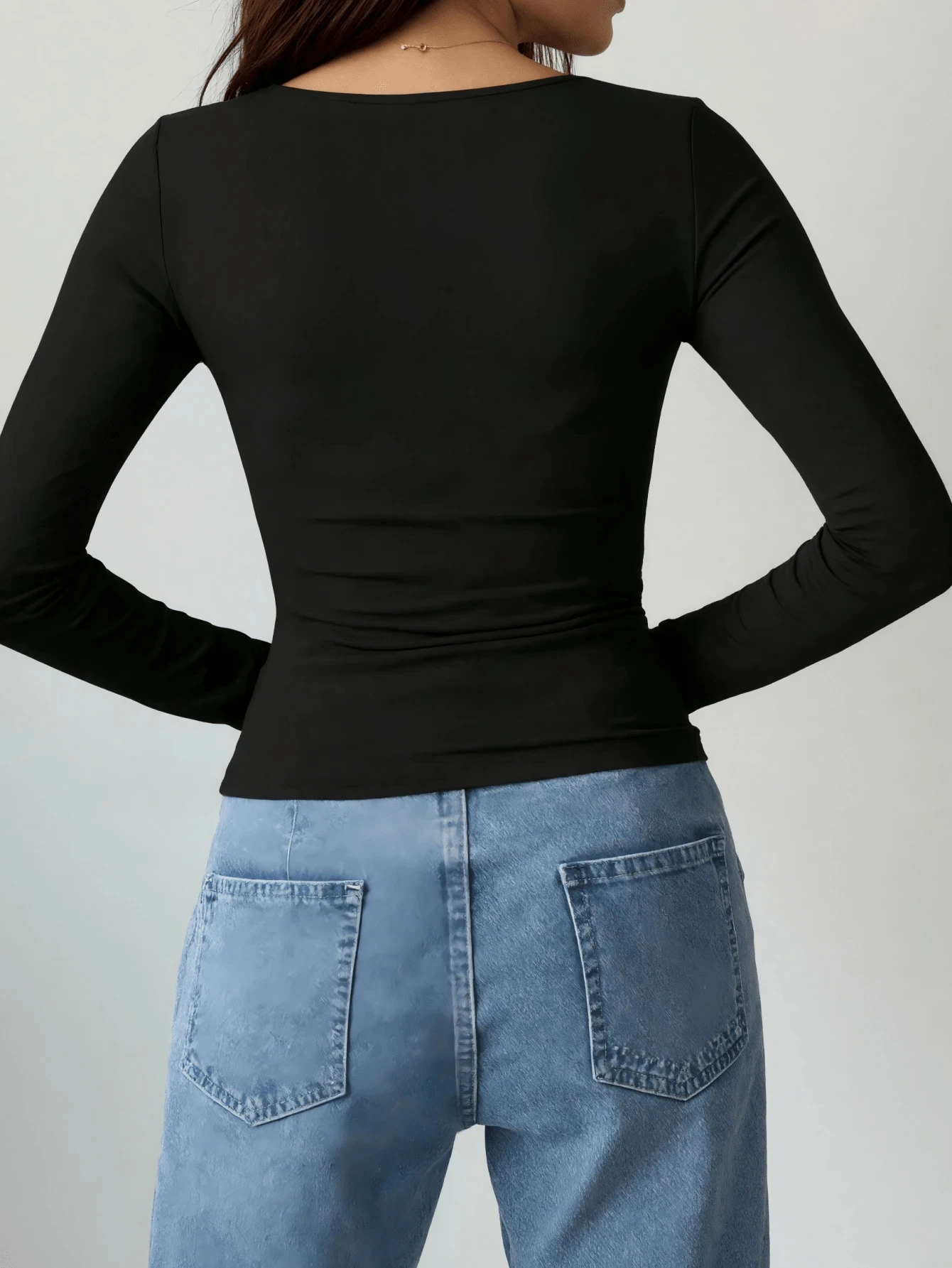 Damen Rundhals-Crop-Top mit Raffung, Langarm, Y2K-Stil, Basic, Alltagstauglich, Casual, zum Layering, Figurbetontes T-Shirt – Detail 5