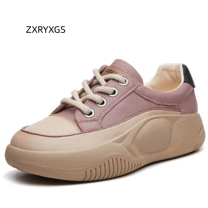 

ZXRYXGS Sales Promotion 2024 Genuine Leather Mixed Color Thick Soled Casual Sneakers Women Fashion Versatile Trend Sneaker Shoes