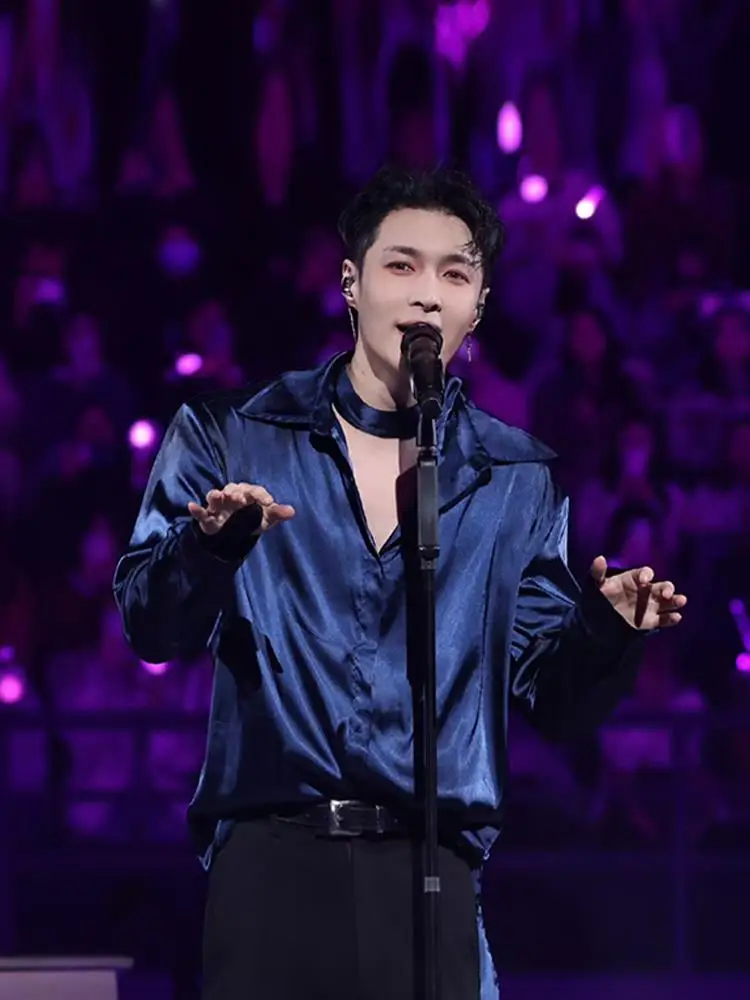 

Мужская рубашка-поло Zhang Xing с длинным рукавом, сатиновым бантом и наплечниками, элитная, синяя, свободного кроя, из полиэстера, летняя...