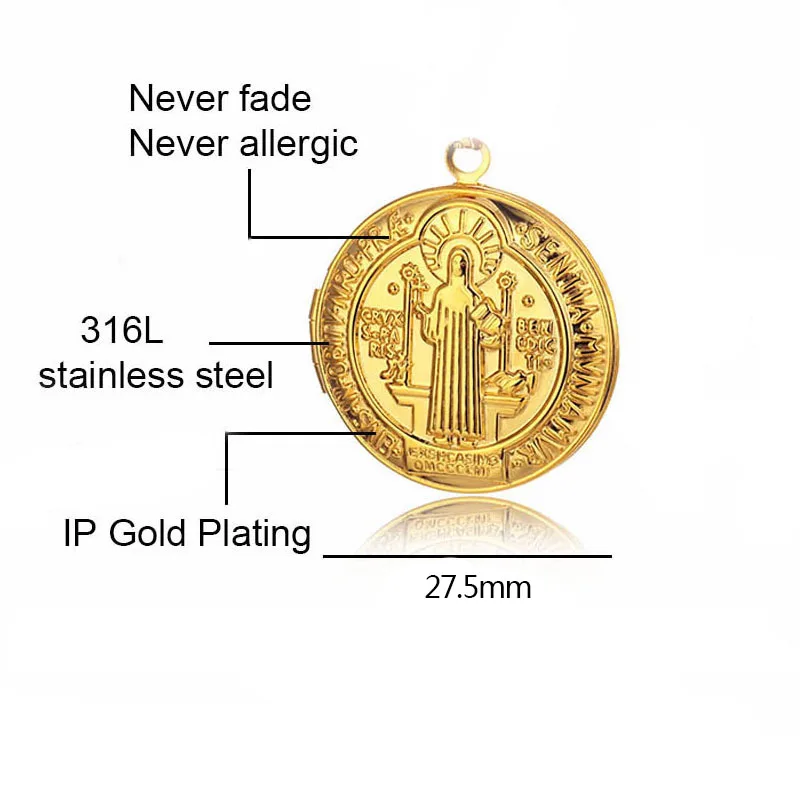 San Benito Stainless Steel Locket Pendant For Necklace Gold/Silver Metal St Benedict Cross Photo Frame Wholesale 10PCS