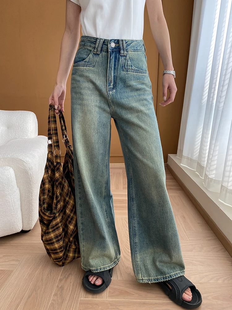 BZVW-Jean Délavé Taille Haute pour Femme, Pantalon en Denim à Jambes Larges et Droites, Streetwear, FJFashion, Nouvelle Collection Automne 2024, 26D9210