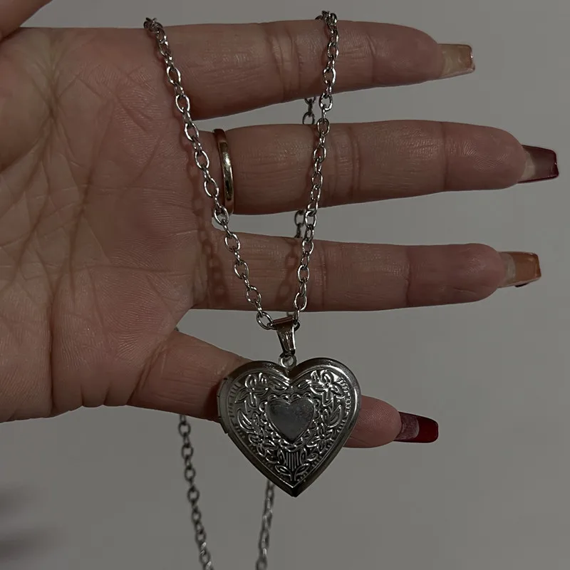 Romantic Heart Locket Pendant Openable Female Silver Color Stainless Steel Photo Frame Charm Necklace for Women Men Jewelry Gift