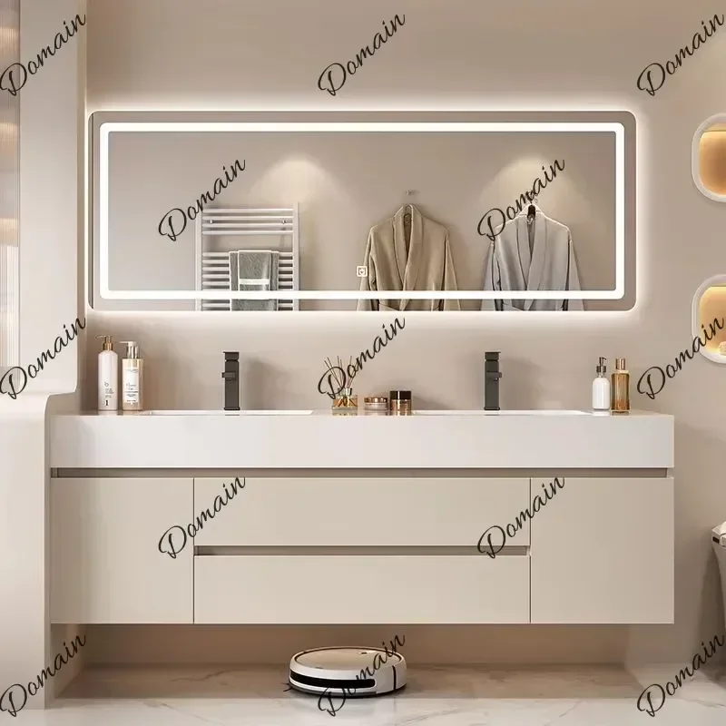 BXY Bathroom Cabinet Slate Seamless Integrated Double Basin Combination Solid Wood Toilet Washbasin Pool Bathroom Vanity With Si