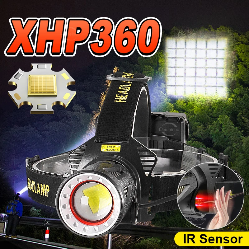 2024 XHP360 Powerful Long Range LED Headlamp Zoomable Emergency Headlamp Portable Outdoor Head Lamp Fishing Light Power Display