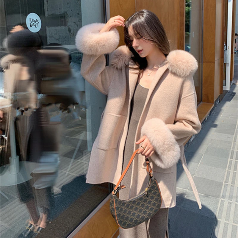 2024 Wool Cashmere Coat Autumn Winter New Fox Fur Collar Women\'s Mid-length Belt Hooded Woolen Coat New Fashion