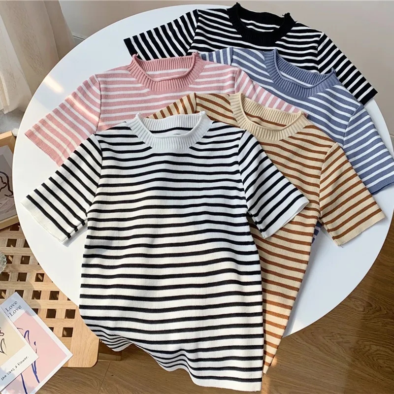 Striped Short Sleeve T-shirt Women O-neck Knitted Top Retro Slim Basic Casual Tops Female Fashion Office Knitwear Shirt Tops