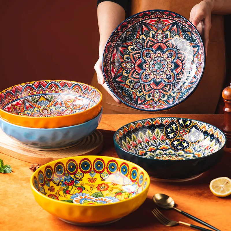 Bohemian Style 10inch Ceramic Large Soup Bowl Noodle Bowl Fruit Salad Container Plate Large Capacity Salad Bowl Kitchen Supplies