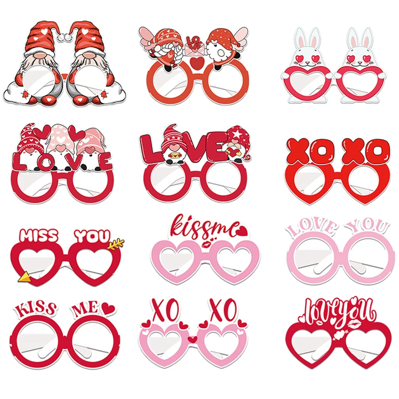 

12pcs Valentines paper Eyeglasses Pink Red Love Heart XOXO Glasses Photo Booth Props Valentine's Day Party Favors Selfie Frame