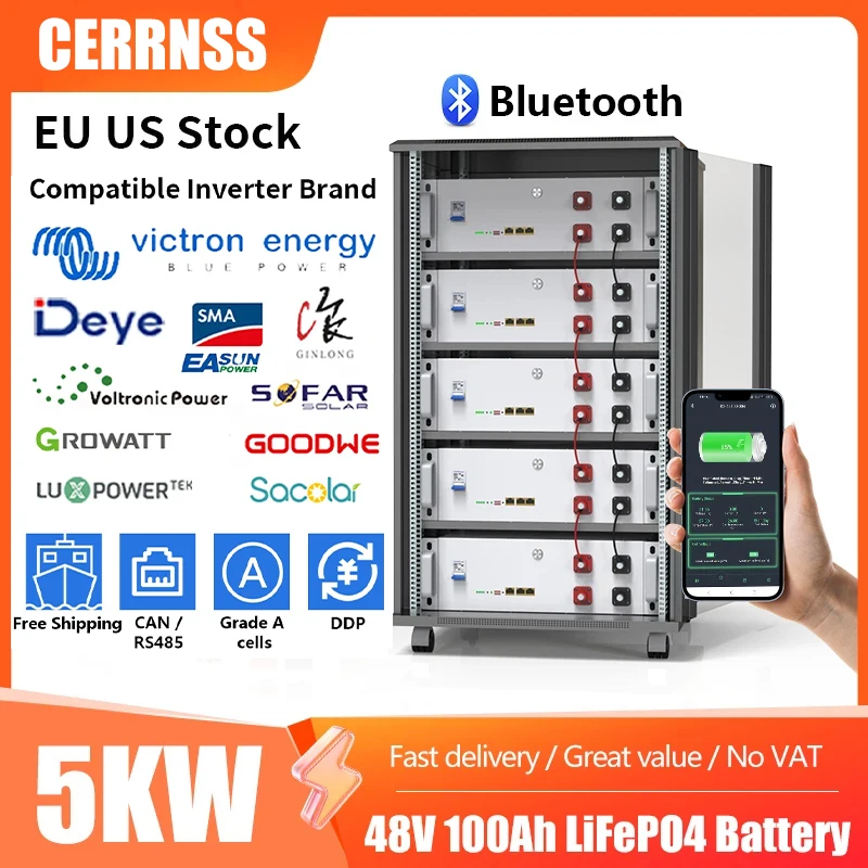 LiFePO4 48V 100Ah 200Ah Solar Battery 51.2V 5Kwh Bluetooth Lithium Battery 6000+ Cycles RS485 CAN Bus For Home Storage EU Stock