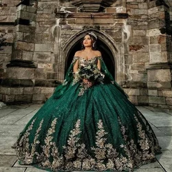 Angelsbridep Emerald Green Ball Gowns Quinceanera Dresses Gold Applique Lace Beaded Tulle Sweet 15 16 Dress Vestidos De 15 Años