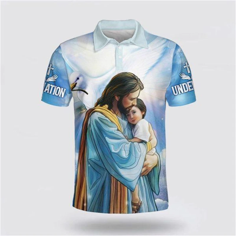 Jesus Christ Men\'s Polo Shirts 3D Printed T Shirt For Men Lapel Short Sleeve Oversized Baggy Clothes Male Harajuku Vintage Shirt