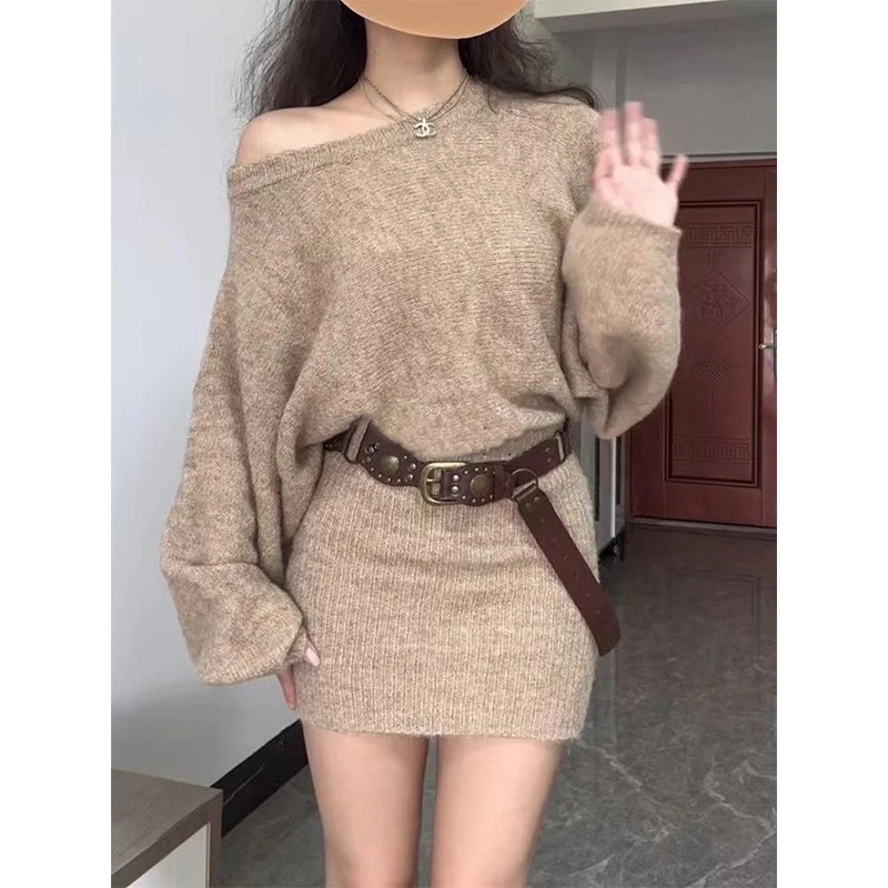 MEXZT Vintage Gürtel Gestrickte Mini Kleid Frauen Y2K Sexy Off Schulter Hüfte Wrap Kleider Gyaru Koreanische Langarm Bodycon Vestidos Neue