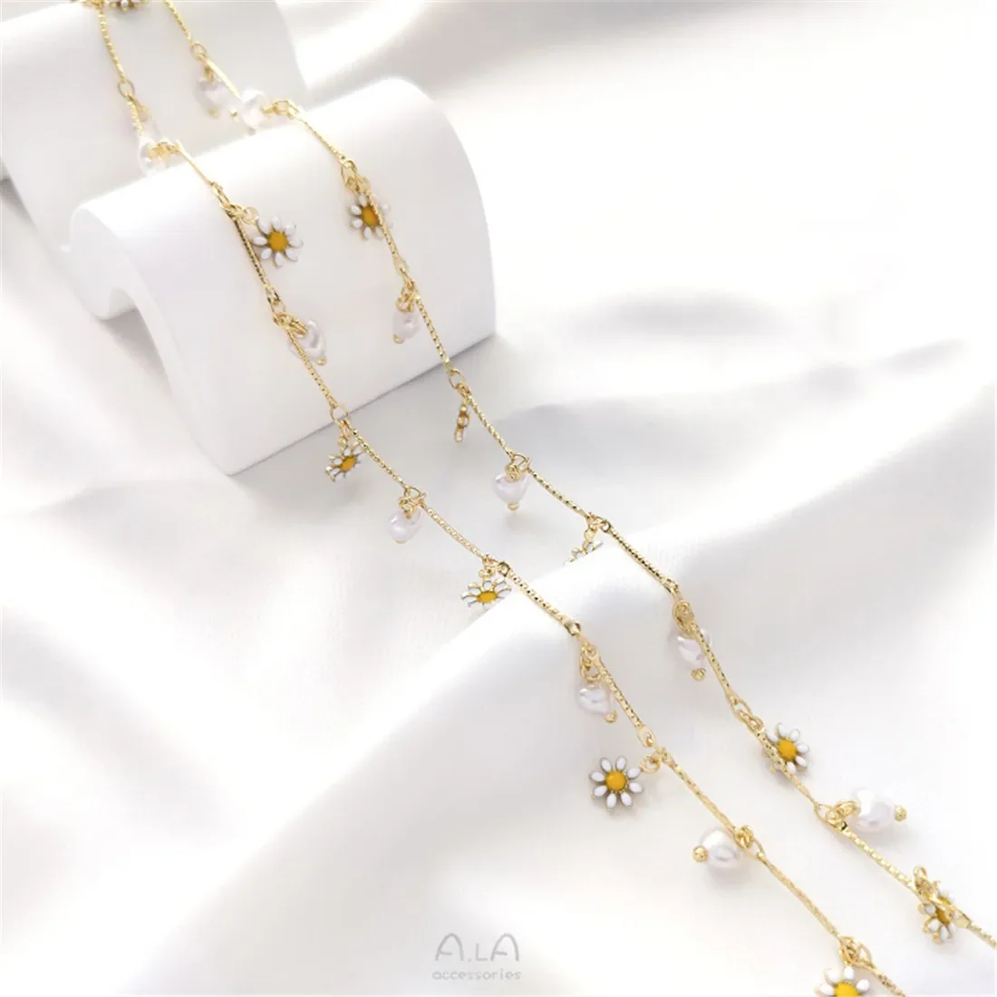 14K Gold Wrapped Small Daisy Pearl Flower Chain Handcrafted DIY Homemade Bracelet Necklace Jewelry Handcrafted Loose Chain B667