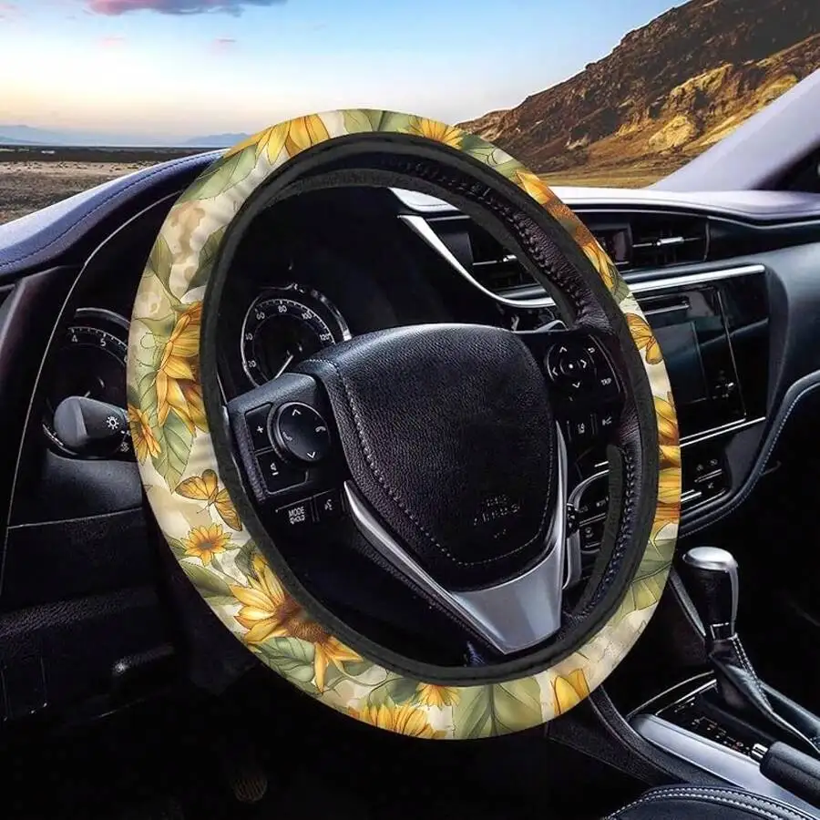 

Boho Floral Sunflower Car Steering Wheel Cover Anti-Slip Stretch Comfortable Sweat Absorption Auto Accessory