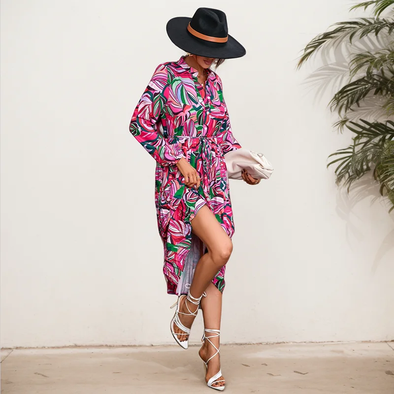 Beach Vacation Dress Women's Autumn New Casual Loose Leaf Printed Lace Up Waist Mid Length Long Sleeve Shirt Collar Dresses