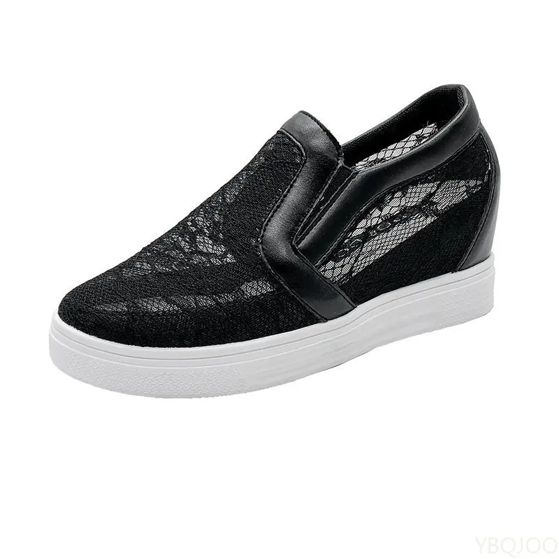 الصيف حذاء أبيض تنفس مع زيادة الارتفاع شبكة عارضة عالية الكعب باطن سميكة الكعوب المنحدرة كسول المرأة حذا فردي للسيدات #6