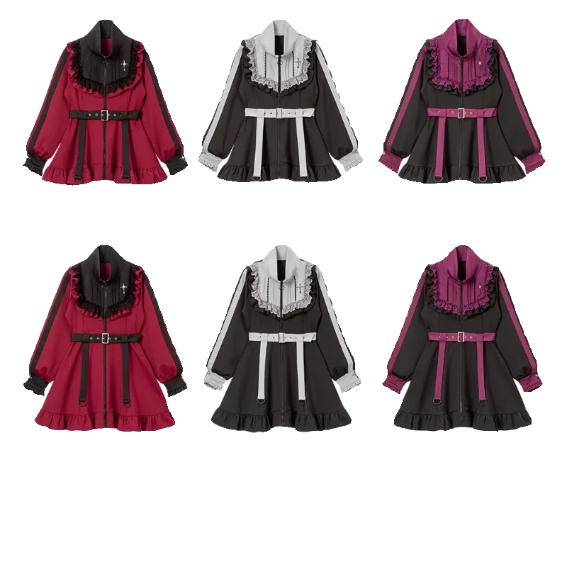 

Dophee Japan Style Spring Long Sleeve Cardigans Coat Stand Collar Zip Shirt Dress Elegant Ruffles Cross Spice Short Dress 2025