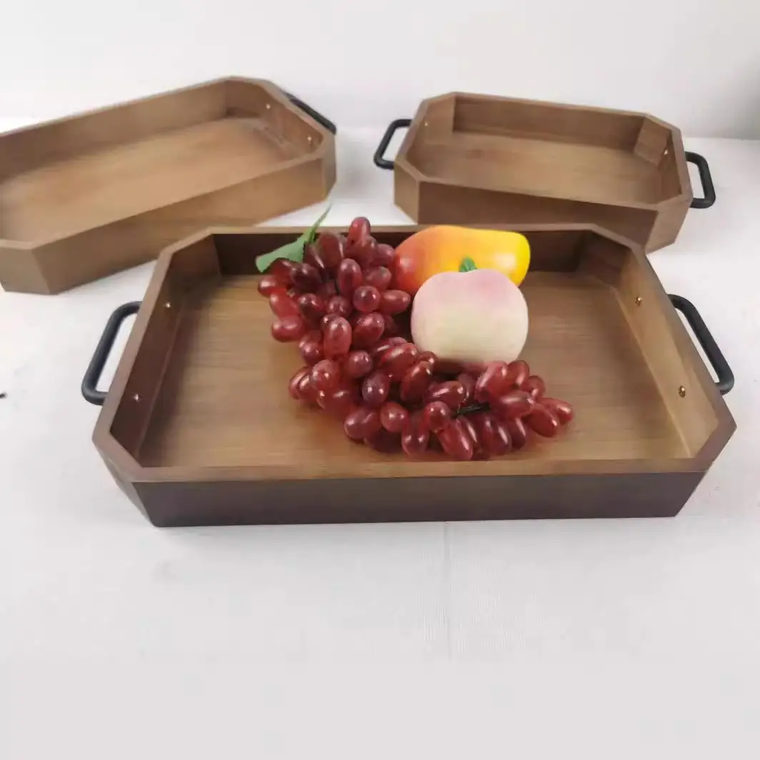 

Retro Long Rectangle Chinese Sle Wood Iron Handle Serving Tray Coffee Cup Plate Rectangular Dining Tableware Accories