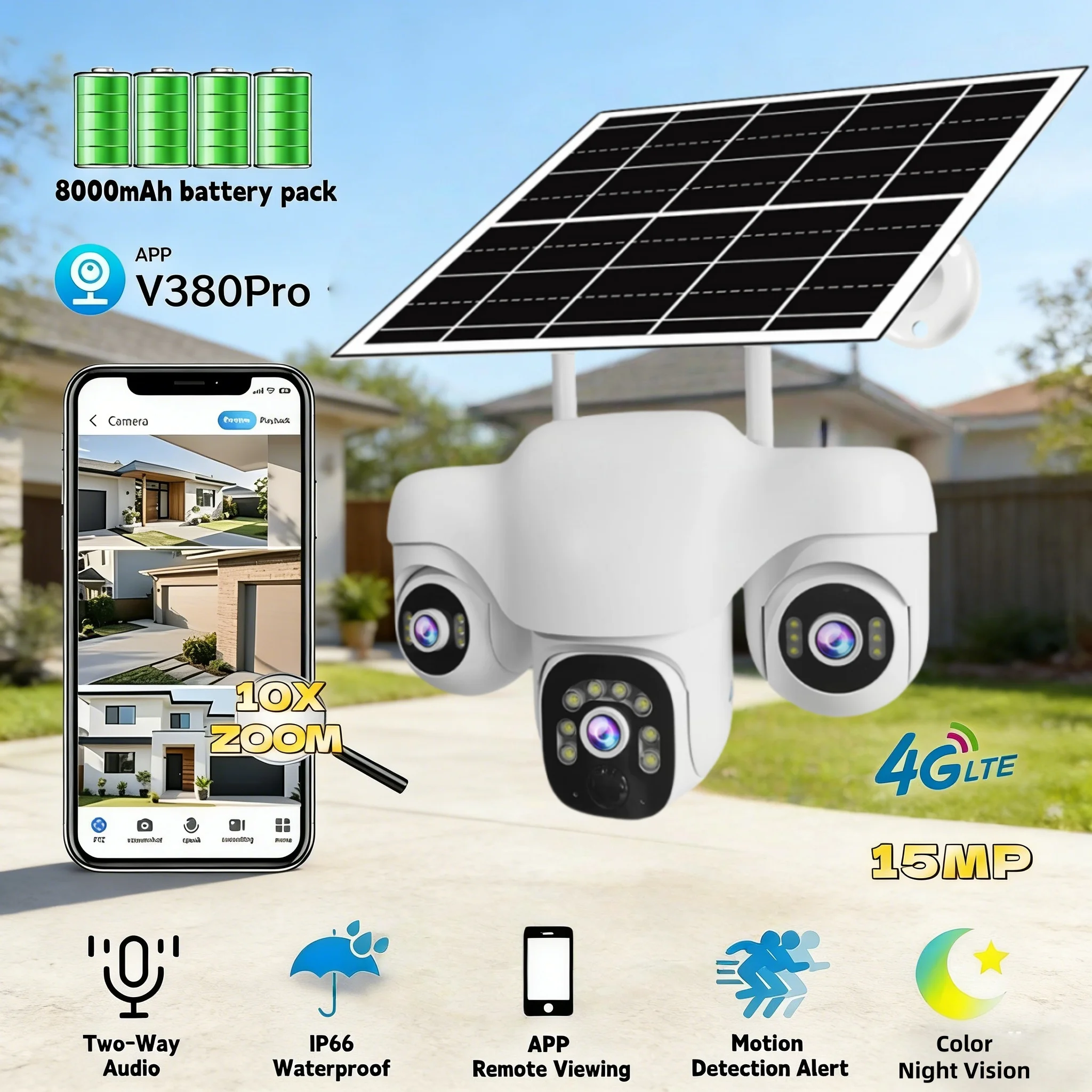 

Уличная 4G-камера на солнечной энергии, 15 МП HD, с тремя объективами, водонепроницаемая, ночное видение, двусторонняя аудиосвязь, мобильное отслеживание, IP-камера 360° ° Просмотр