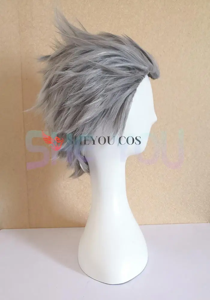 Vergil-pelucas cortas plateadas de alta calidad, cabello sintético resistente al calor, peluca de disfraz de Cosplay, gorro de peluca