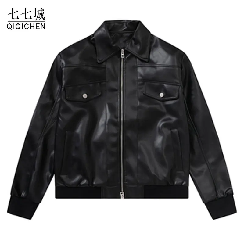 Vintage PU Leather Jacket Men Women Multi Pocket Zippered Black Motorcycle Jackets Fashion Casual Loose Coat Streetwear Autumn