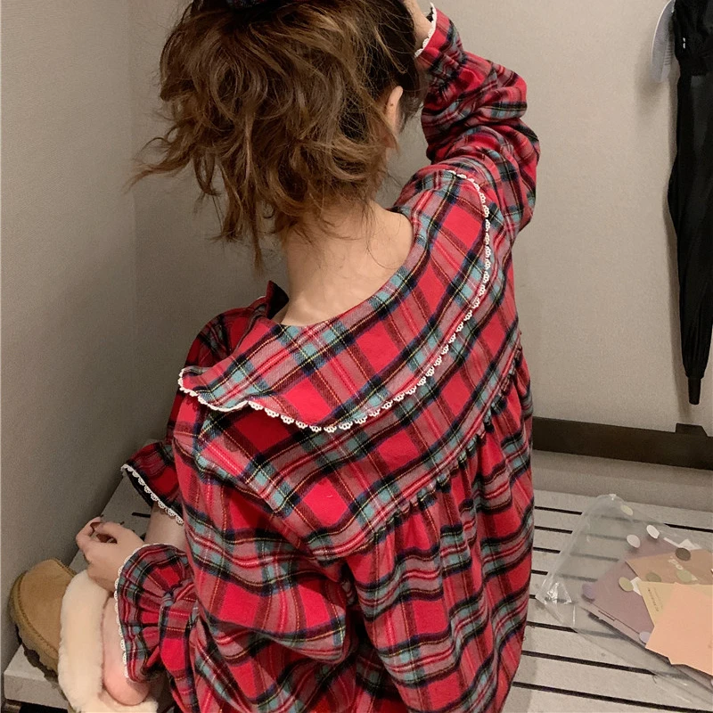 Red Plaid Pajamas for Women Sweet Lace Design Home Peter Pant Collar Tender Girlish Ulzzang Sleepwear Cozy College Students Chic