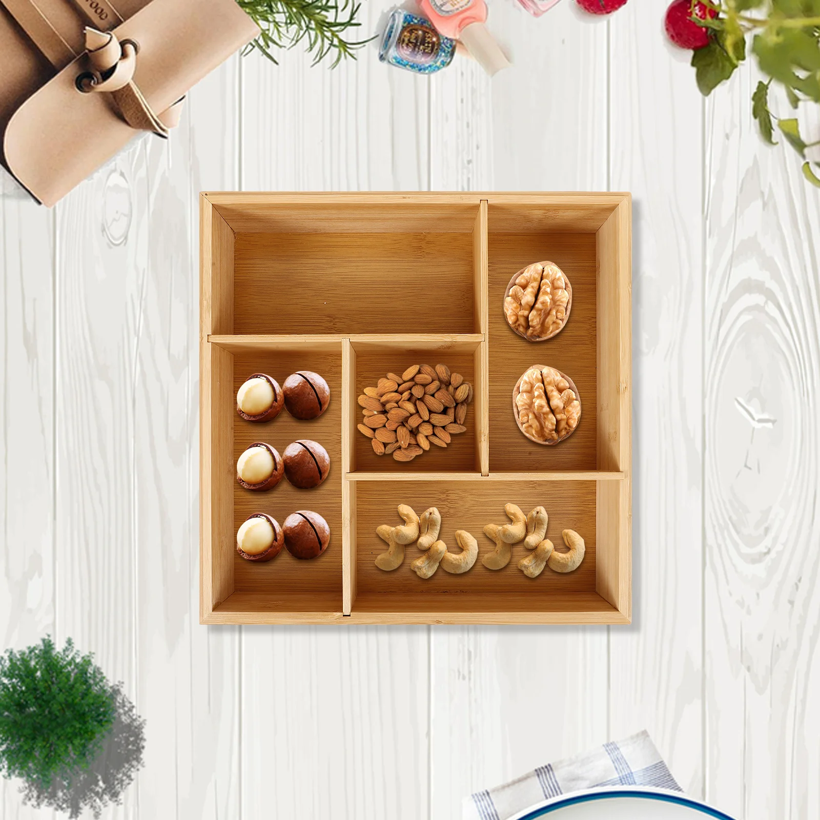 

Поднос из бамбукового дерева, разделенные отсеки, дозирование приправ, блюдо для сухих фруктов, тарелка для закусок, домашний декор, решение для хранения