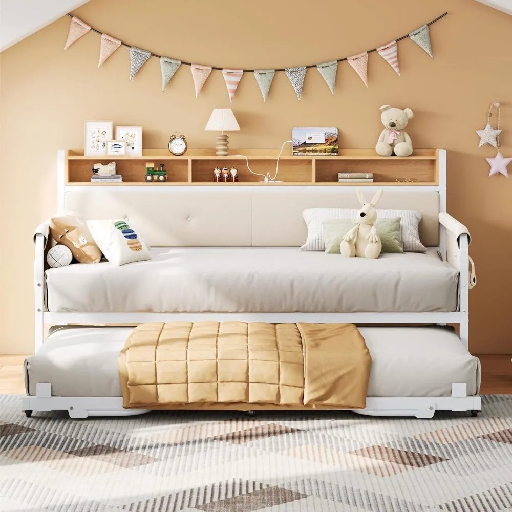 

Daybed with Trundle, Twin Bed Frame with Upholstered Headboard and Charging Station, Sofa Day Bed with Strong Supports for Livi