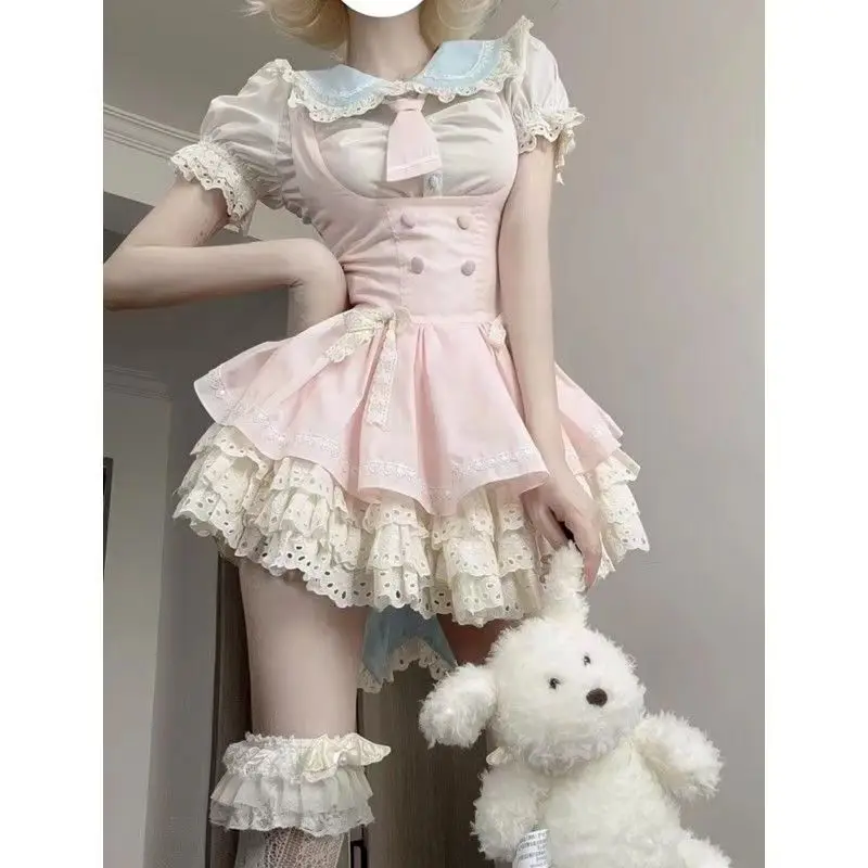 Lolita giapponese dolce JK set da 2 pezzi camicia da donna con colletto per bambola carina + gonna corta con cinturino per torta nuovo vestito chic alla moda Kawaii 2025
