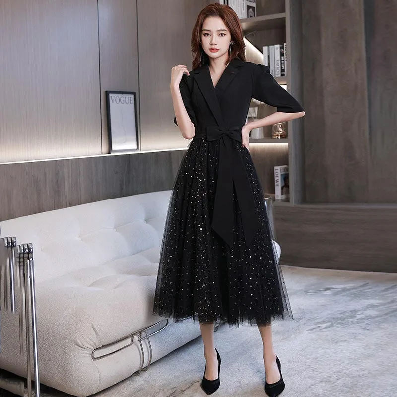 

Evening Dress V-Neck Half Sleeves Sequins Pleat Tea-Length Simple Zipper Back Fashion A-Line New Woman Formal Party Gown A2457