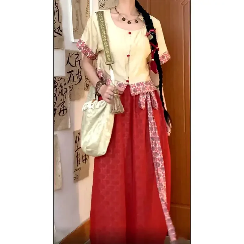 Chinese Style Printed Shirt Set for Women's Summer Vintage Lantern Pants Two-piece Set Traditional Chinese Clothing for Women