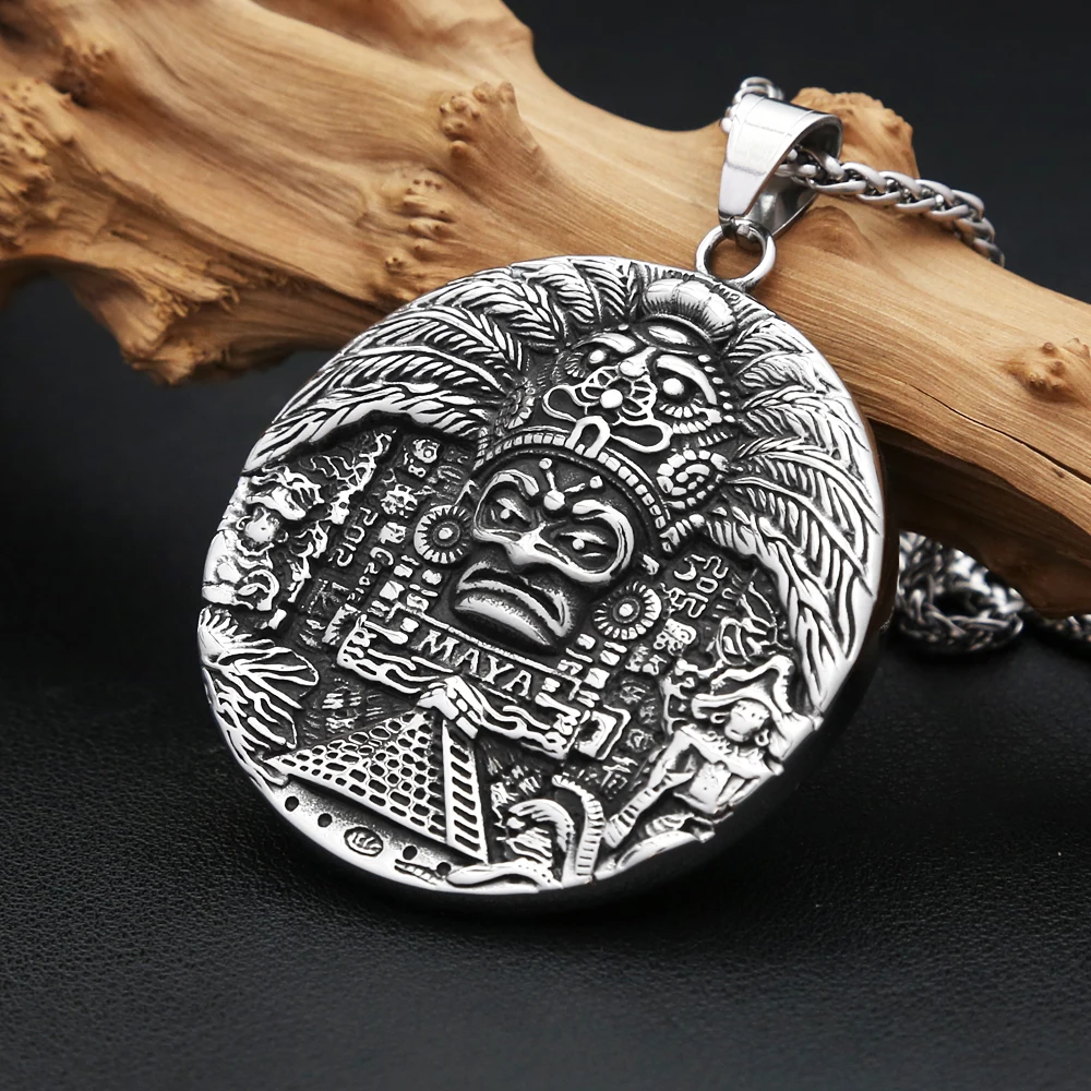 New Vintage Stainless Steel Mayan Pattern Pendant Necklaces For Men Women Big Size AZTEC CALENDAR Necklace Amulet Jewelry Gifts