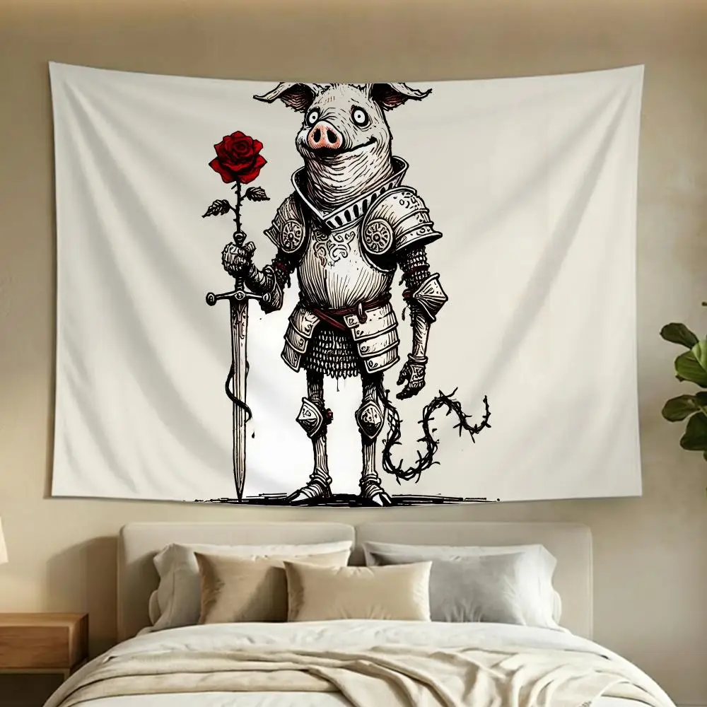 Art Character Funny Pig Knight Tapestry Washable Soft Daily Wall Hanging Decor for Living Home Room Bedroom