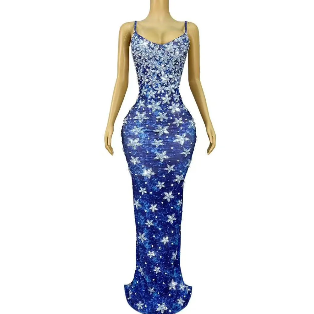 Sexy High-end Starry Sky Pattern Rhinestones Blingbling Suspenders Dress Evening Party Gown Show Red carpet Elegant Stage Wear