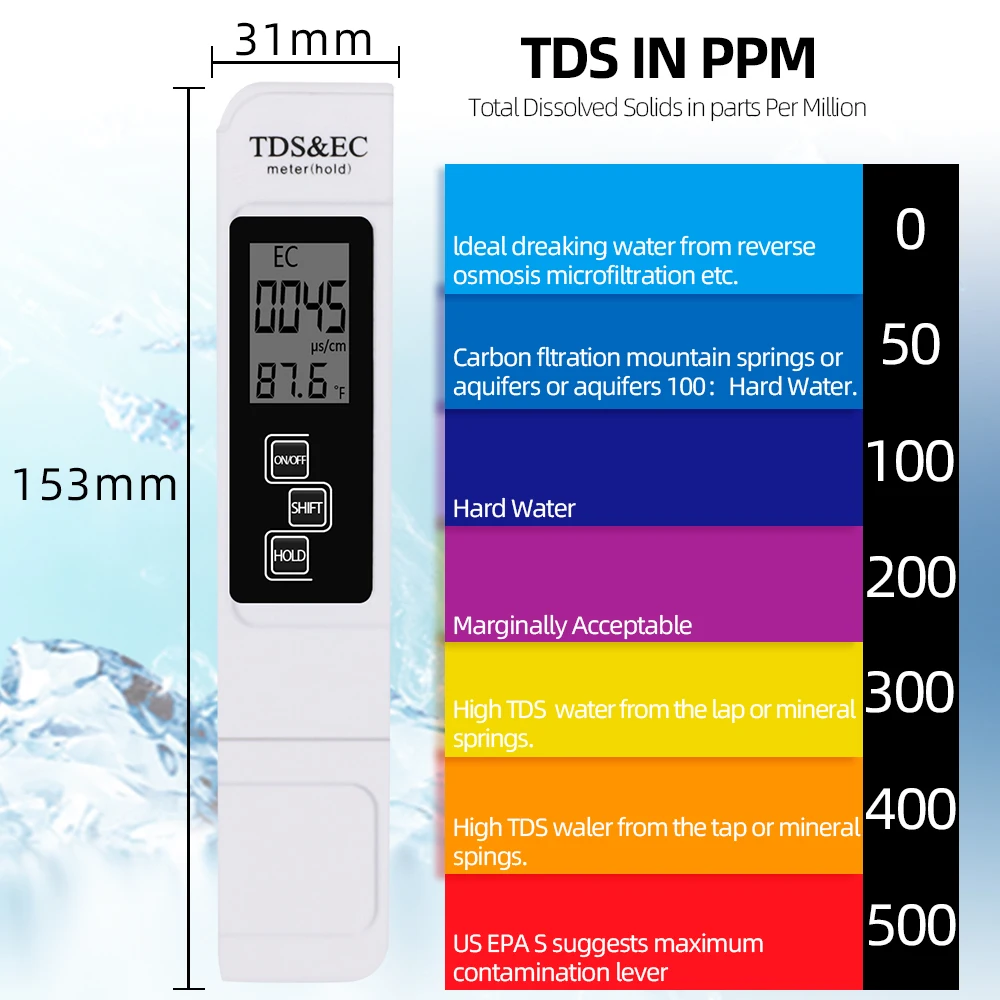 Portable 3 In 1 TDS Tester EC Meter Digital TDS EC Temp Detector Conductivity Water Quality Test Pen for Pool Aquarium