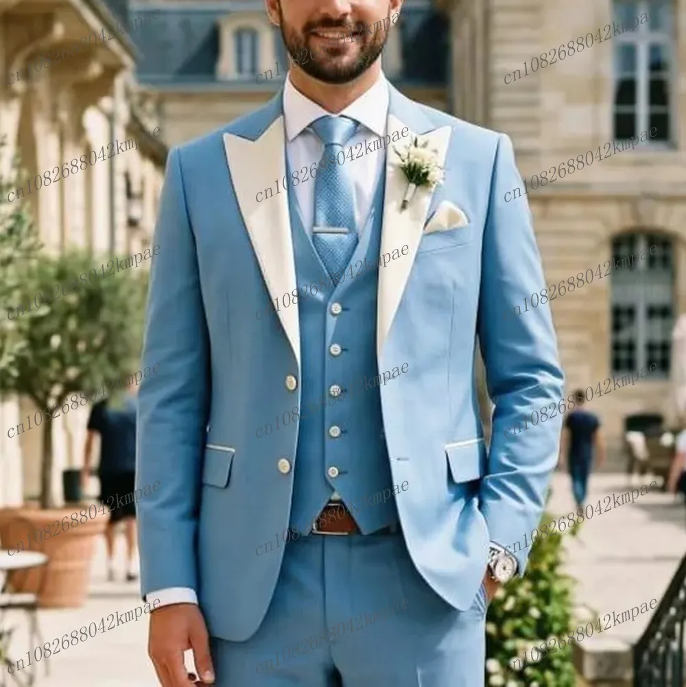 Traje de Hombre Azul Cielo con Cuello Blanco, Traje Formal para Novio, Padrino de Boda, Fiesta, Baile de Graduación, Traje de Negocios Masculino, Conjunto de 3 Piezas: Blazer, Chaleco y Pantalones