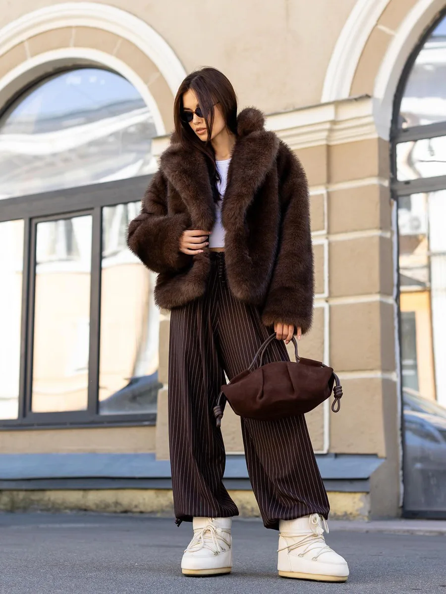 Winter Solid Brown Fluffy Fur Jacket Coat Women Lapel Long Sleeve Thicken Warm Jacket Female High Quality Loose Fur Outwears