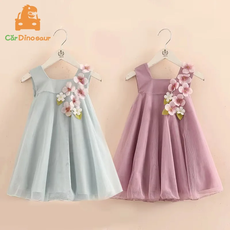2025 Summer 2 3 4 6 8 12 Years Children Birthday Wedding Solid Color Flower Decoration Princess Sleeveless Kids Girl Party Dress