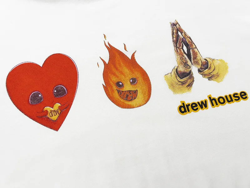 Drew House Men's Heart Flame Praying Hands Print T-Shirt Short Sleeve Cotton Casual Streetwear Graphic Tee