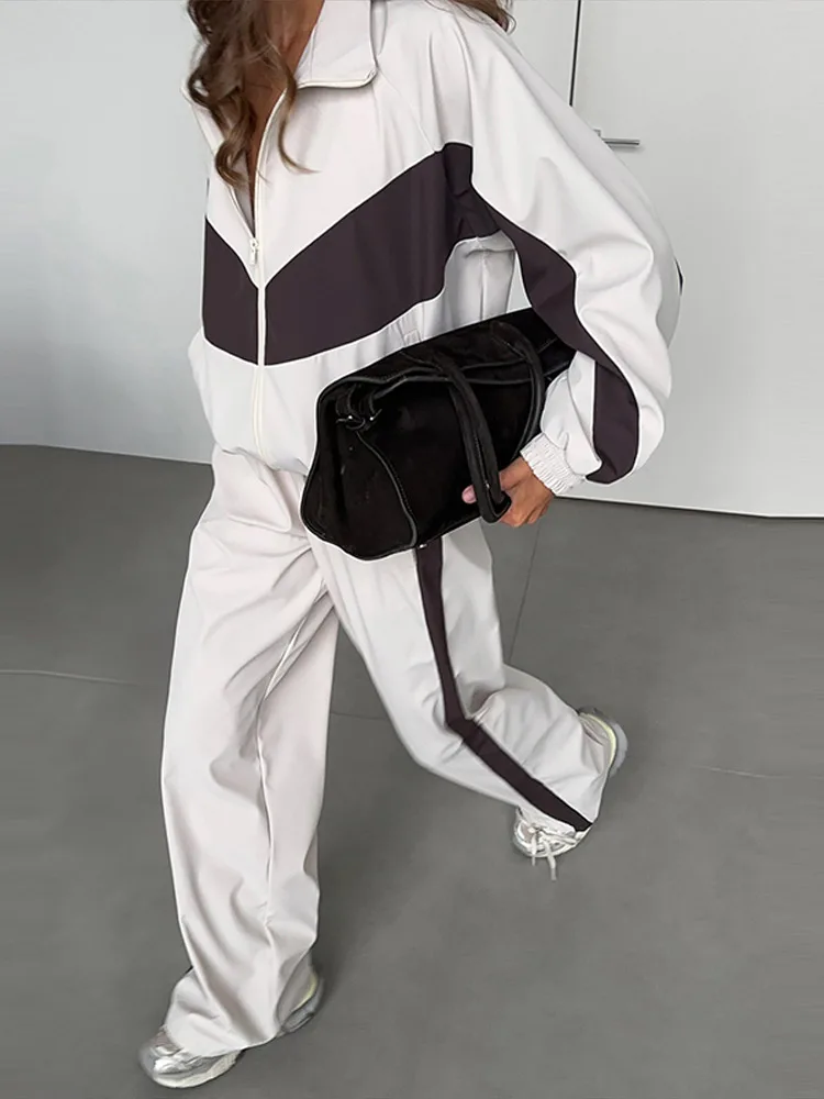 Getäfeltes, langärmliges, übergroßes Oberteil, Hosen-Sets für Damen, Streetwear, Laternenärmel, Reißverschluss, lockerer Mantel, Hose mit weitem Bein, modische Sportbekleidung – Detail 13
