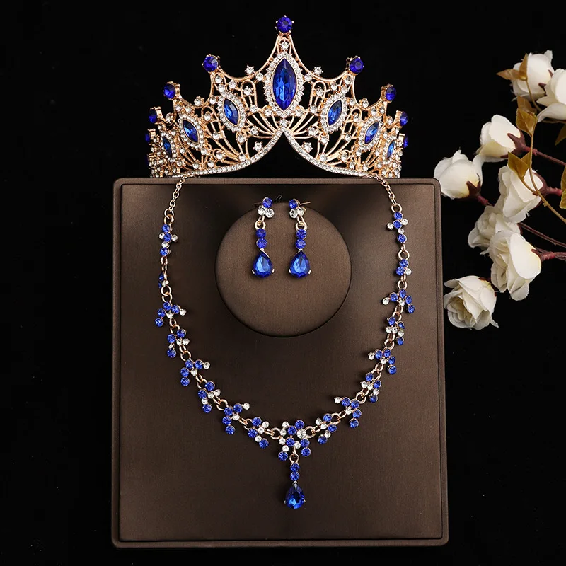 DIEZI Elegant Pink Crystal Tiara Crown For Women Wedding Girls Party Crown Necklace Earrings Jewelry Sets Hair Dress Accessories