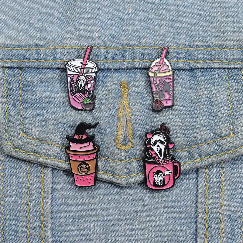 Halloween Skull Brooch Cartoon drink Milk tea cup Horror themed metal badge Accessory pins wholesale Gift to friends